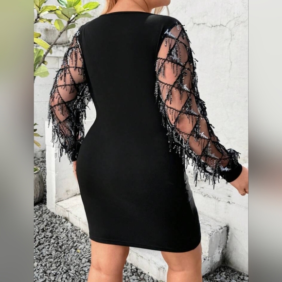 SHEIN Black Dress with Sheer Embellished Sleeves - Picture 4 of 8